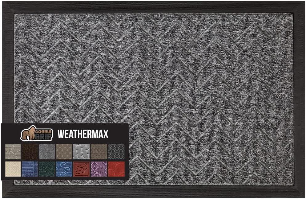 imageGORILLA GRIP 100 Waterproof AllSeason WeatherMax Doormat US Designed Natural Rubber Stain and Fade Resistant Low Profile Indoor Outdoor Door Mats Easy Clean Patio Mat 17x29 Steel ChevronSteel Chevron