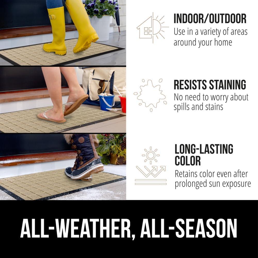 imageGORILLA GRIP 100 Waterproof AllSeason WeatherMax Doormat US Designed Natural Rubber Stain and Fade Resistant Low Profile Indoor Outdoor Door Mats Easy Clean Patio Mat 17x29 Steel ChevronTaupe Grid