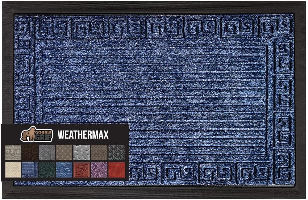 imageGORILLA GRIP 100 Waterproof AllSeason WeatherMax Doormat US Designed Natural Rubber Stain and Fade Resistant Low Profile Indoor Outdoor Door Mats Easy Clean Patio Mat 17x29 Steel ChevronNavy Greek Keys