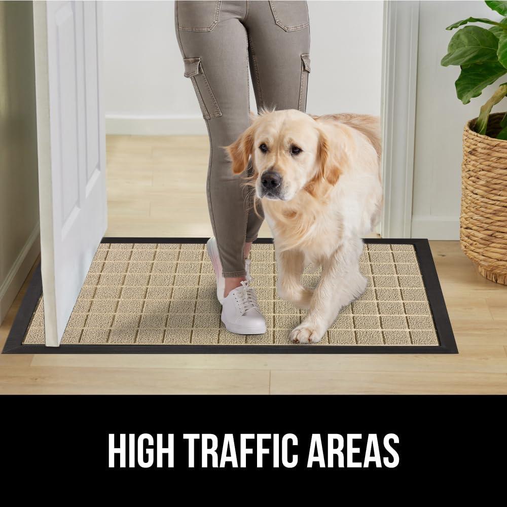 imageGORILLA GRIP 100 Waterproof AllSeason WeatherMax Doormat US Designed Natural Rubber Stain and Fade Resistant Low Profile Indoor Outdoor Door Mats Easy Clean Patio Mat 17x29 Steel ChevronTaupe Grid