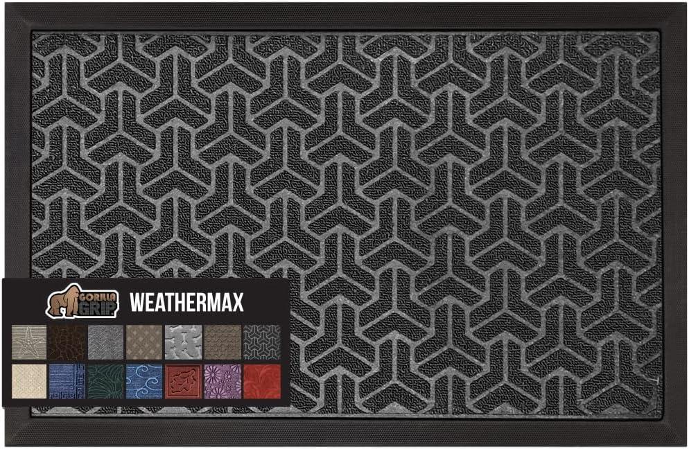 imageGORILLA GRIP 100 Waterproof AllSeason WeatherMax Doormat US Designed Natural Rubber Stain and Fade Resistant Low Profile Indoor Outdoor Door Mats Easy Clean Patio Mat 17x29 Steel ChevronSlate Geometric