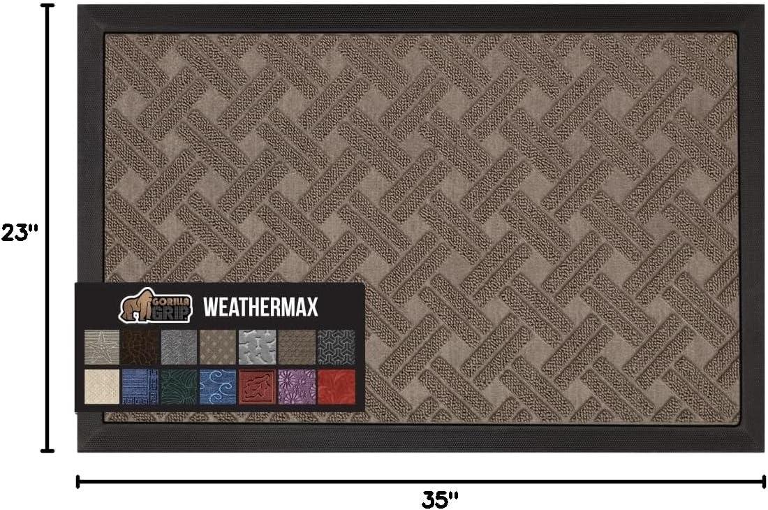 imageGORILLA GRIP 100 Waterproof AllSeason WeatherMax Doormat US Designed Natural Rubber Stain and Fade Resistant Low Profile Indoor Outdoor Door Mats Easy Clean Patio Mat 17x29 Steel ChevronTaupe Basket Weave