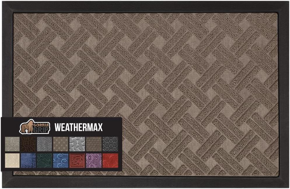 imageGORILLA GRIP 100 Waterproof AllSeason WeatherMax Doormat US Designed Natural Rubber Stain and Fade Resistant Low Profile Indoor Outdoor Door Mats Easy Clean Patio Mat 17x29 Steel ChevronTaupe Basket Weave