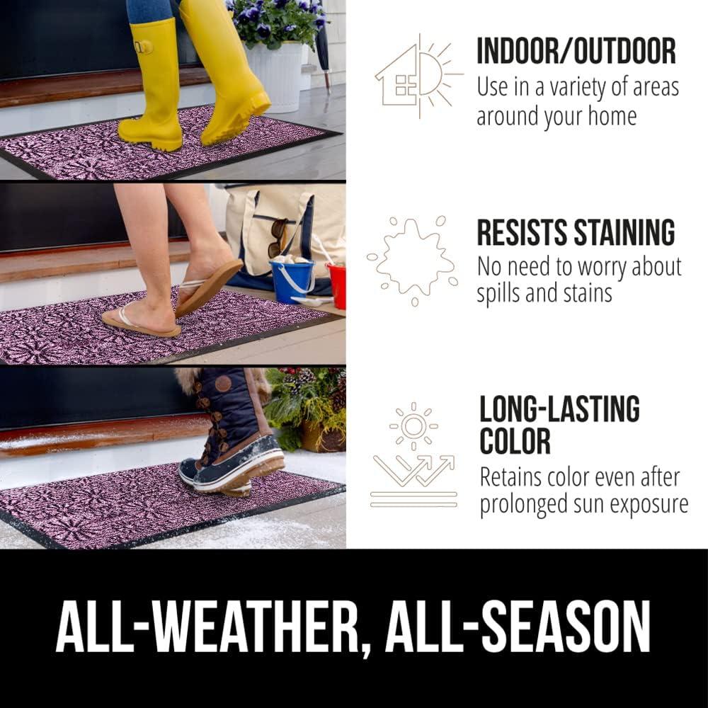 imageGORILLA GRIP 100 Waterproof AllSeason WeatherMax Doormat US Designed Natural Rubber Stain and Fade Resistant Low Profile Indoor Outdoor Door Mats Easy Clean Patio Mat 17x29 Steel ChevronPurple Confetti Daisy