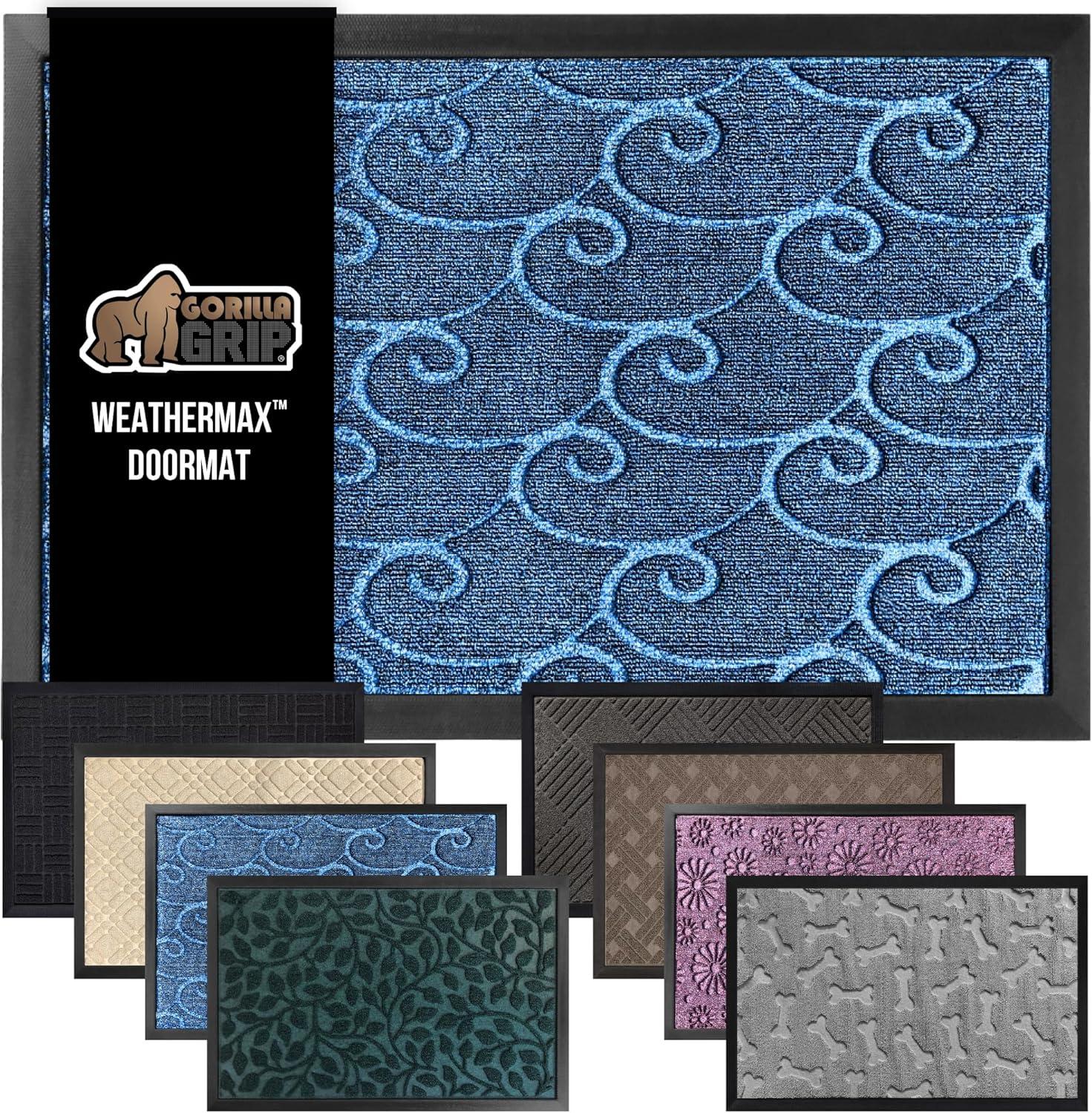 imageGORILLA GRIP 100 Waterproof AllSeason WeatherMax Doormat US Designed Natural Rubber Stain and Fade Resistant Low Profile Indoor Outdoor Door Mats Easy Clean Patio Mat 17x29 Steel ChevronOcean Blue Waves
