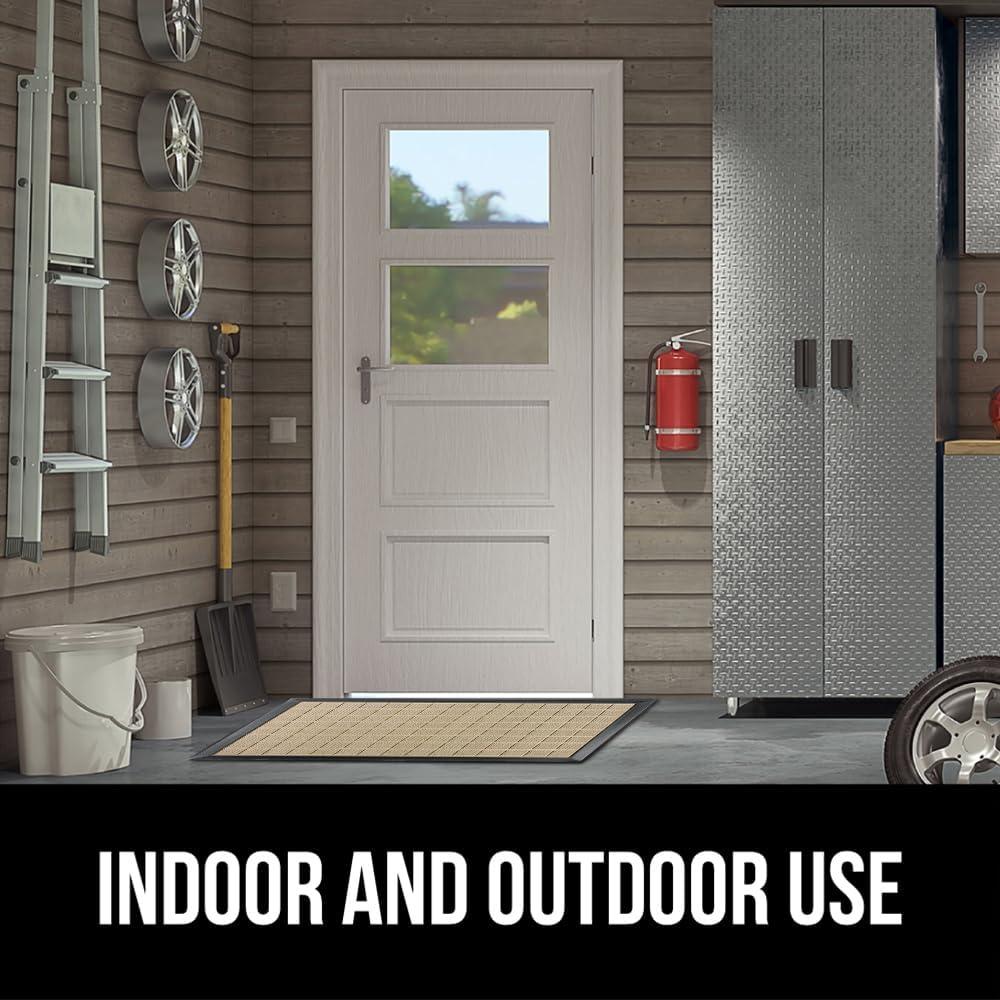 imageGORILLA GRIP 100 Waterproof AllSeason WeatherMax Doormat US Designed Natural Rubber Stain and Fade Resistant Low Profile Indoor Outdoor Door Mats Easy Clean Patio Mat 17x29 Steel ChevronTaupe Grid