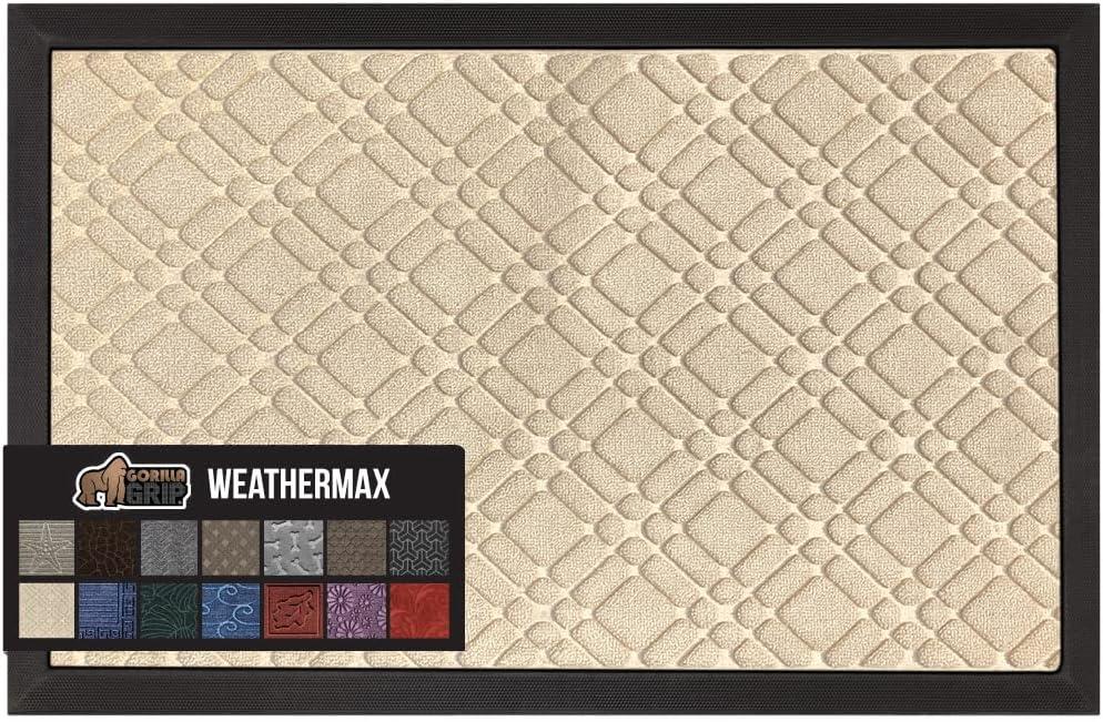 imageGORILLA GRIP 100 Waterproof AllSeason WeatherMax Doormat US Designed Natural Rubber Stain and Fade Resistant Low Profile Indoor Outdoor Door Mats Easy Clean Patio Mat 17x29 Steel ChevronModern Latte
