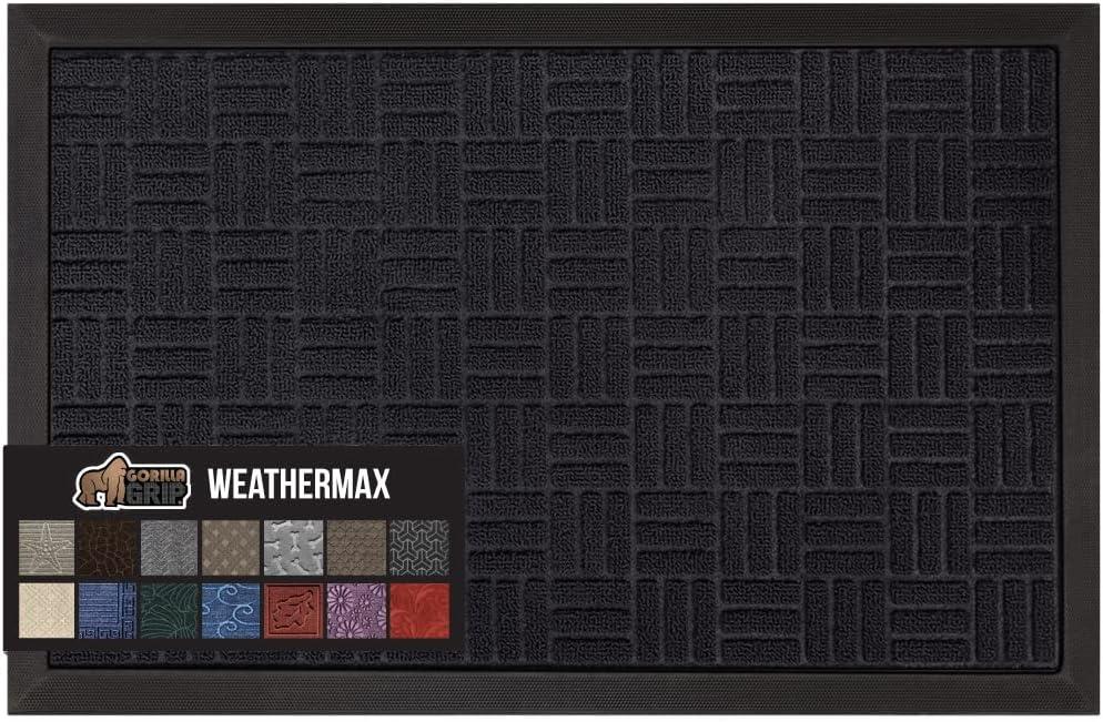 imageGORILLA GRIP 100 Waterproof AllSeason WeatherMax Doormat US Designed Natural Rubber Stain and Fade Resistant Low Profile Indoor Outdoor Door Mats Easy Clean Patio Mat 17x29 Steel ChevronMidnight Maze