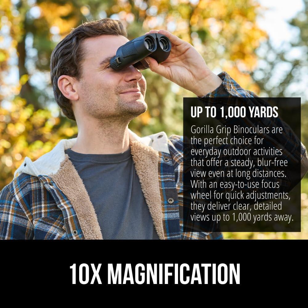 imageGORILLA GRIP 10x25 Compact Binoculars for Adults with Strap Superior High Powered Clear 10X Magnification Lightweight Bird Watching Hunting Stargazing Adjustable Eye Cups BlackBlack
