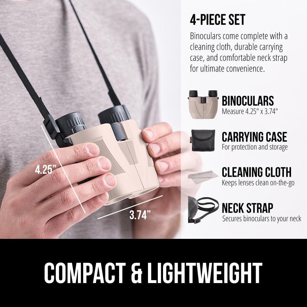 imageGORILLA GRIP 10x25 Compact Binoculars for Adults with Strap Superior High Powered Clear 10X Magnification Lightweight Bird Watching Hunting Stargazing Adjustable Eye Cups BlackKhaki