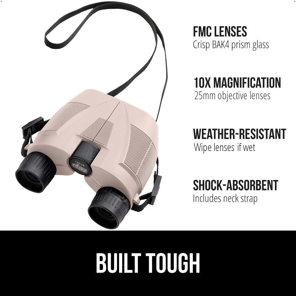 imageGORILLA GRIP 10x25 Compact Binoculars for Adults with Strap Superior High Powered Clear 10X Magnification Lightweight Bird Watching Hunting Stargazing Adjustable Eye Cups BlackKhaki