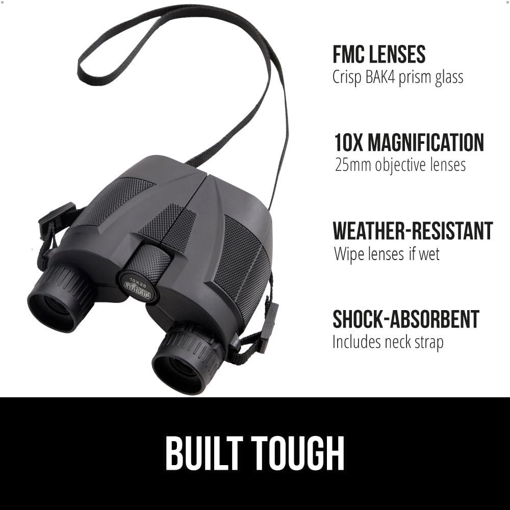 imageGORILLA GRIP 10x25 Compact Binoculars for Adults with Strap Superior High Powered Clear 10X Magnification Lightweight Bird Watching Hunting Stargazing Adjustable Eye Cups BlackBlack