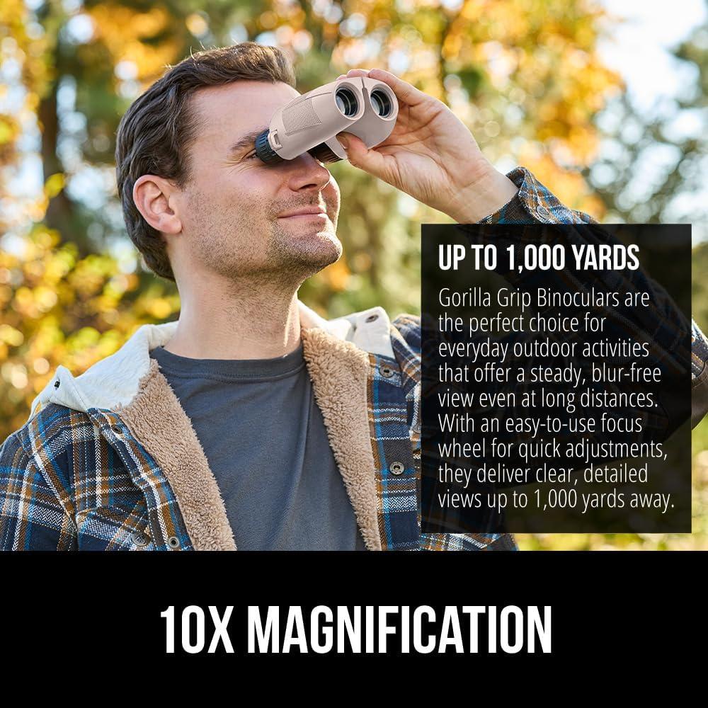 imageGORILLA GRIP 10x25 Compact Binoculars for Adults with Strap Superior High Powered Clear 10X Magnification Lightweight Bird Watching Hunting Stargazing Adjustable Eye Cups BlackKhaki