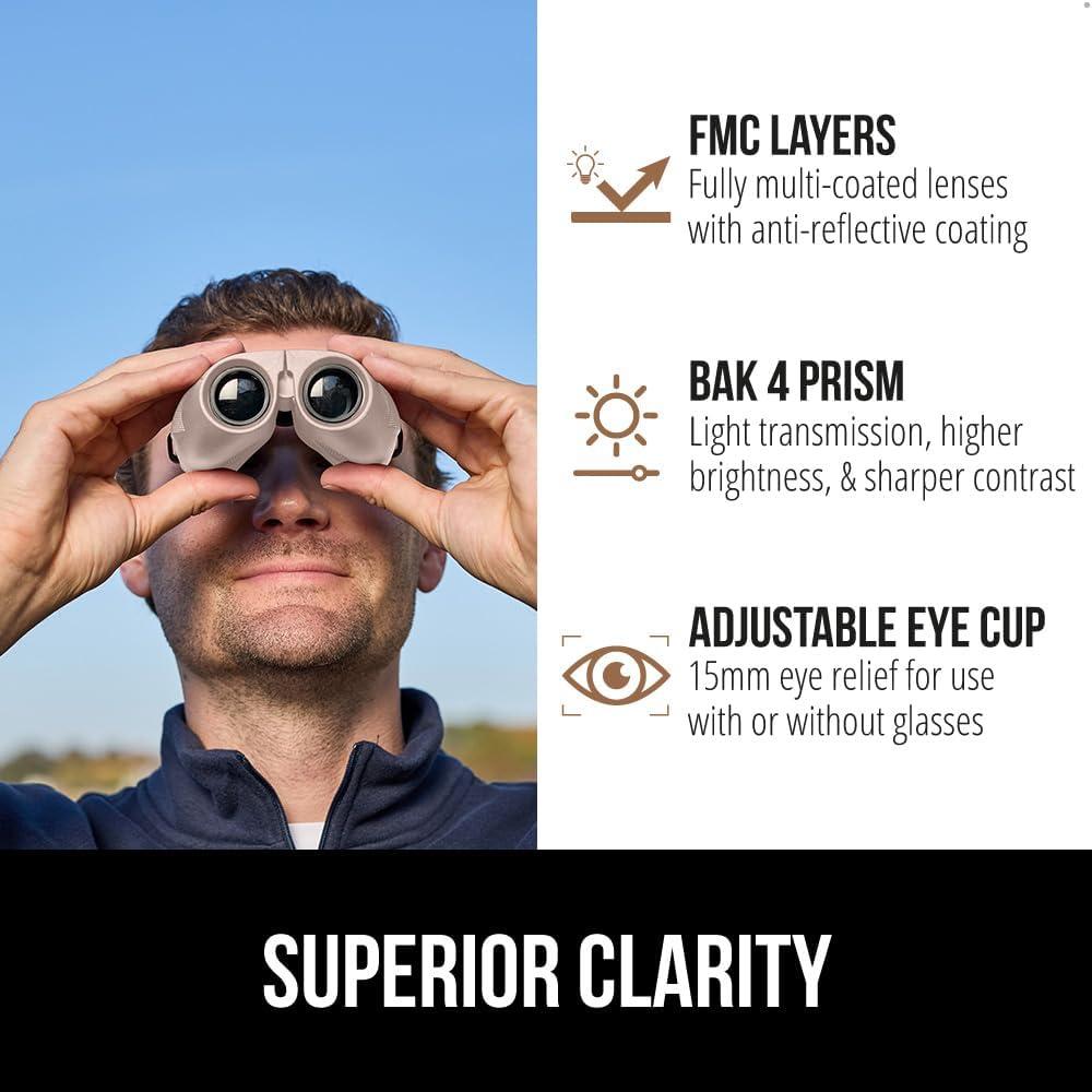 imageGORILLA GRIP 10x25 Compact Binoculars for Adults with Strap Superior High Powered Clear 10X Magnification Lightweight Bird Watching Hunting Stargazing Adjustable Eye Cups BlackKhaki