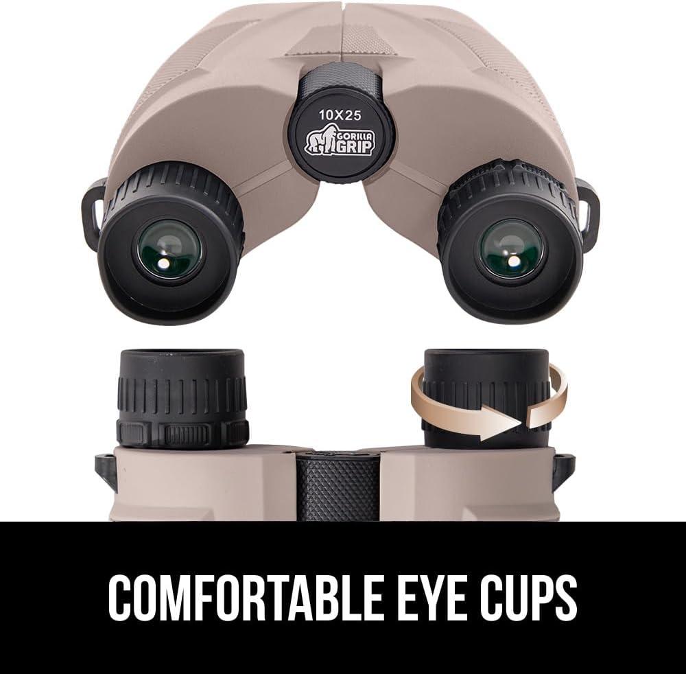 imageGORILLA GRIP 10x25 Compact Binoculars for Adults with Strap Superior High Powered Clear 10X Magnification Lightweight Bird Watching Hunting Stargazing Adjustable Eye Cups BlackKhaki