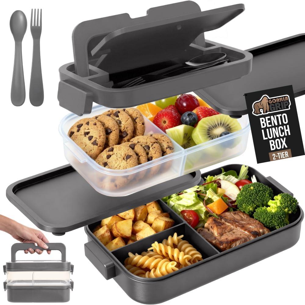 imageGORILLA GRIP BPAFree Leakproof Bento Lunch Box for Women Men Kids 2 Tier Style Onthego Easy to Carry Handle Microwave Safe Hot or Cold Food Container Lid Includes BuiltIn Utensil Set BlackGray