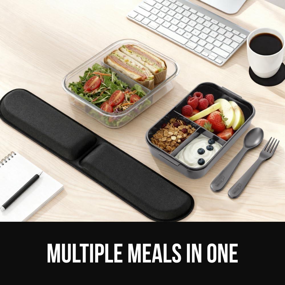 imageGORILLA GRIP BPAFree Leakproof Bento Lunch Box for Women Men Kids 2 Tier Style Onthego Easy to Carry Handle Microwave Safe Hot or Cold Food Container Lid Includes BuiltIn Utensil Set BlackGray