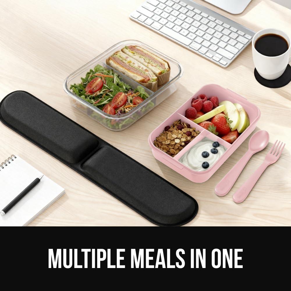 imageGORILLA GRIP BPAFree Leakproof Bento Lunch Box for Women Men Kids 2 Tier Style Onthego Easy to Carry Handle Microwave Safe Hot or Cold Food Container Lid Includes BuiltIn Utensil Set BlackPink