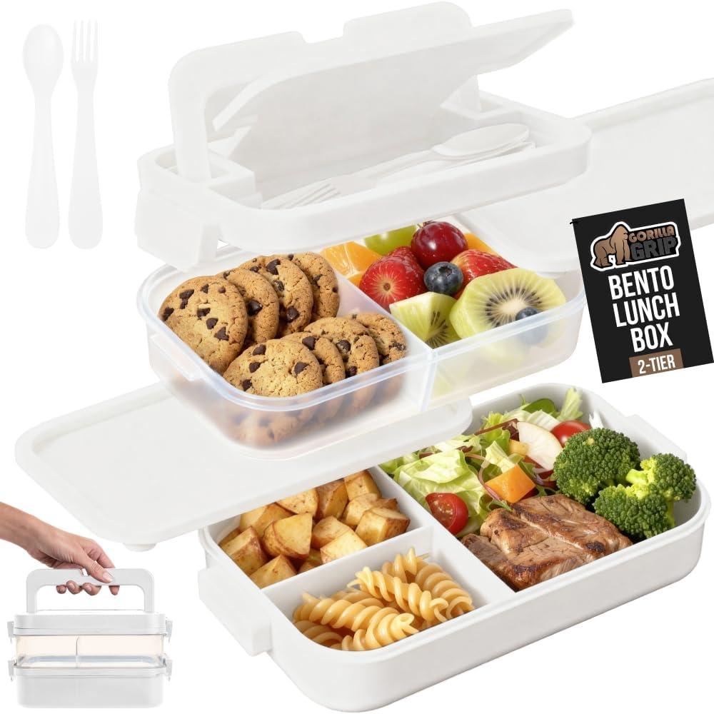 imageGORILLA GRIP BPAFree Leakproof Bento Lunch Box for Women Men Kids 2 Tier Style Onthego Easy to Carry Handle Microwave Safe Hot or Cold Food Container Lid Includes BuiltIn Utensil Set BlackWhite