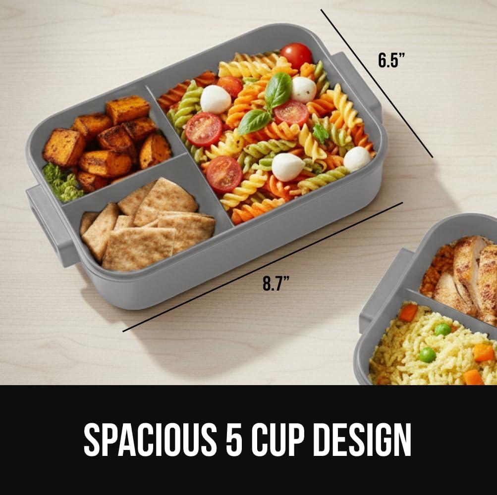 imageGORILLA GRIP BPAFree Leakproof Bento Lunch Box for Women Men Kids 2 Tier Style Onthego Easy to Carry Handle Microwave Safe Hot or Cold Food Container Lid Includes BuiltIn Utensil Set BlackGray