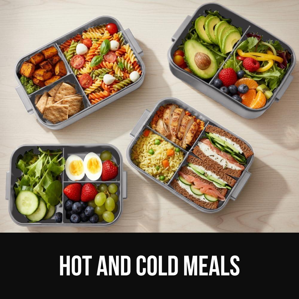 imageGORILLA GRIP BPAFree Leakproof Bento Lunch Box for Women Men Kids 2 Tier Style Onthego Easy to Carry Handle Microwave Safe Hot or Cold Food Container Lid Includes BuiltIn Utensil Set BlackGray