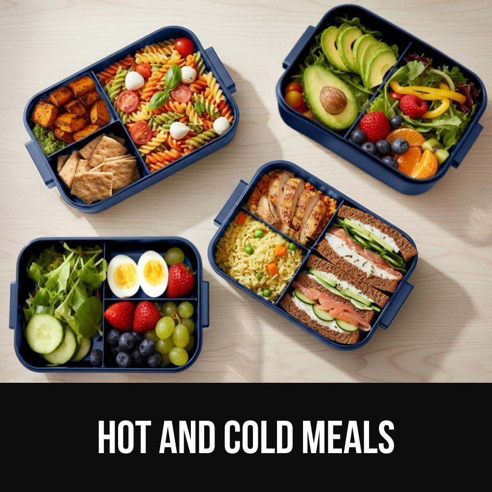 imageGORILLA GRIP BPAFree Leakproof Bento Lunch Box for Women Men Kids 2 Tier Style Onthego Easy to Carry Handle Microwave Safe Hot or Cold Food Container Lid Includes BuiltIn Utensil Set BlackNavy
