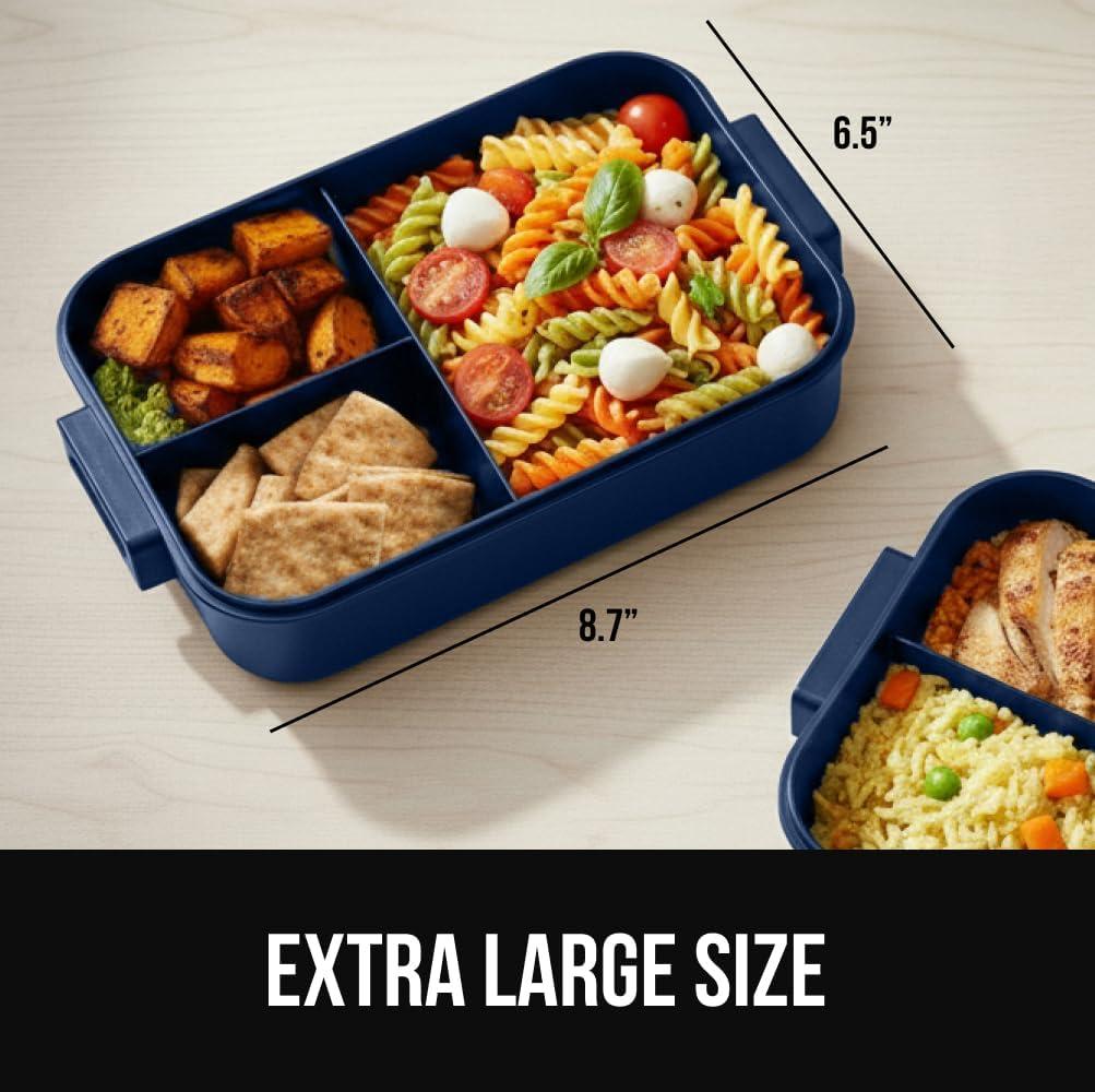 imageGORILLA GRIP BPAFree Leakproof Bento Lunch Box for Women Men Kids 2 Tier Style Onthego Easy to Carry Handle Microwave Safe Hot or Cold Food Container Lid Includes BuiltIn Utensil Set BlackNavy