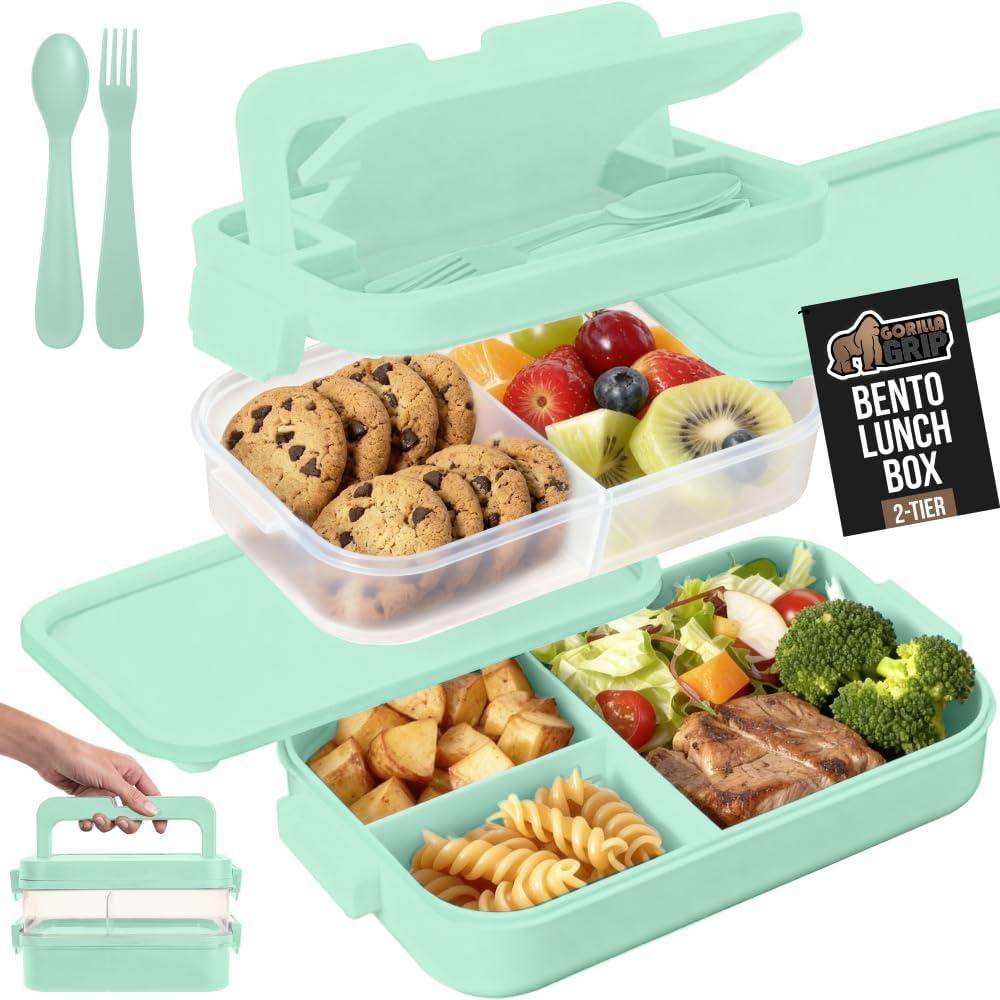 imageGORILLA GRIP BPAFree Leakproof Bento Lunch Box for Women Men Kids 2 Tier Style Onthego Easy to Carry Handle Microwave Safe Hot or Cold Food Container Lid Includes BuiltIn Utensil Set BlackMint
