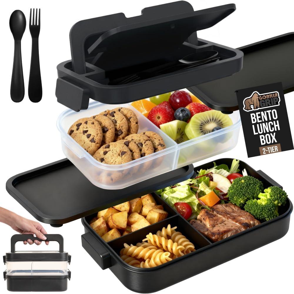 imageGORILLA GRIP BPAFree Leakproof Bento Lunch Box for Women Men Kids 2 Tier Style Onthego Easy to Carry Handle Microwave Safe Hot or Cold Food Container Lid Includes BuiltIn Utensil Set BlackBlack