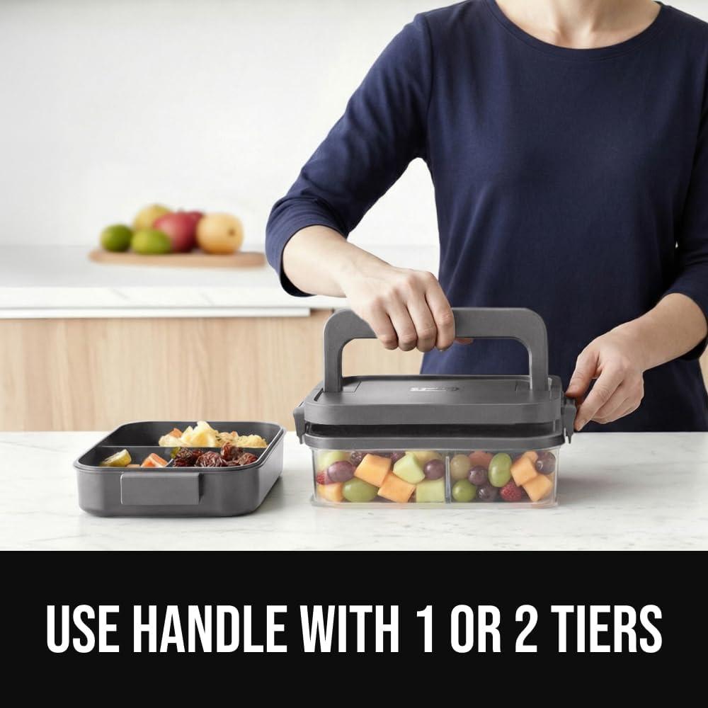 imageGORILLA GRIP BPAFree Leakproof Bento Lunch Box for Women Men Kids 2 Tier Style Onthego Easy to Carry Handle Microwave Safe Hot or Cold Food Container Lid Includes BuiltIn Utensil Set BlackGray