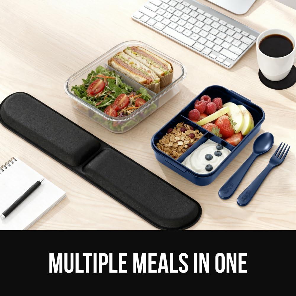 imageGORILLA GRIP BPAFree Leakproof Bento Lunch Box for Women Men Kids 2 Tier Style Onthego Easy to Carry Handle Microwave Safe Hot or Cold Food Container Lid Includes BuiltIn Utensil Set BlackNavy