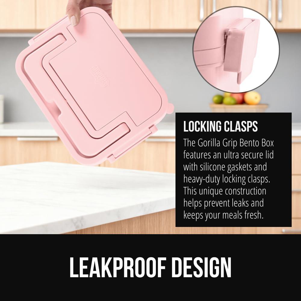 imageGORILLA GRIP BPAFree Leakproof Bento Lunch Box for Women Men Kids 2 Tier Style Onthego Easy to Carry Handle Microwave Safe Hot or Cold Food Container Lid Includes BuiltIn Utensil Set BlackPink