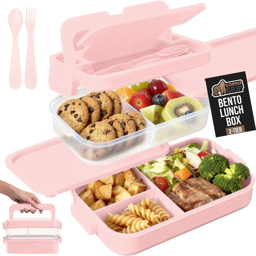 imageGORILLA GRIP BPAFree Leakproof Bento Lunch Box for Women Men Kids 2 Tier Style Onthego Easy to Carry Handle Microwave Safe Hot or Cold Food Container Lid Includes BuiltIn Utensil Set BlackPink