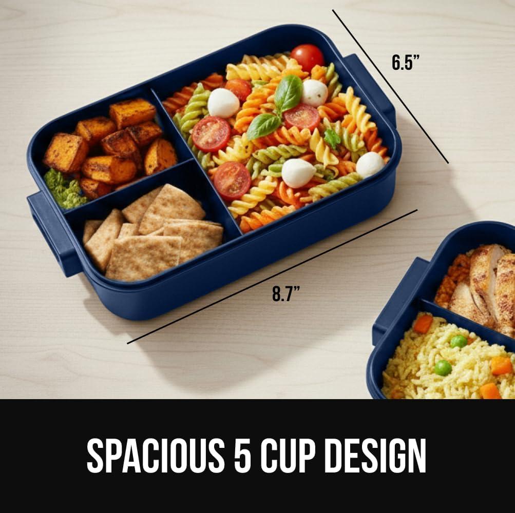 imageGORILLA GRIP BPAFree Leakproof Bento Lunch Box for Women Men Kids 2 Tier Style Onthego Easy to Carry Handle Microwave Safe Hot or Cold Food Container Lid Includes BuiltIn Utensil Set BlackNavy