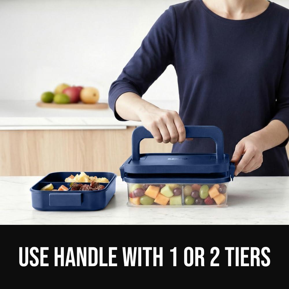 imageGORILLA GRIP BPAFree Leakproof Bento Lunch Box for Women Men Kids 2 Tier Style Onthego Easy to Carry Handle Microwave Safe Hot or Cold Food Container Lid Includes BuiltIn Utensil Set BlackNavy