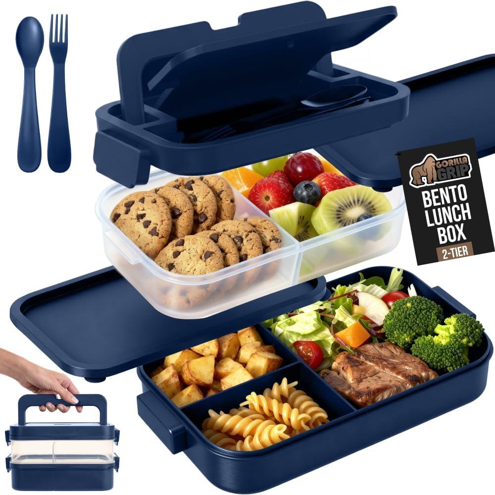imageGORILLA GRIP BPAFree Leakproof Bento Lunch Box for Women Men Kids 2 Tier Style Onthego Easy to Carry Handle Microwave Safe Hot or Cold Food Container Lid Includes BuiltIn Utensil Set BlackNavy