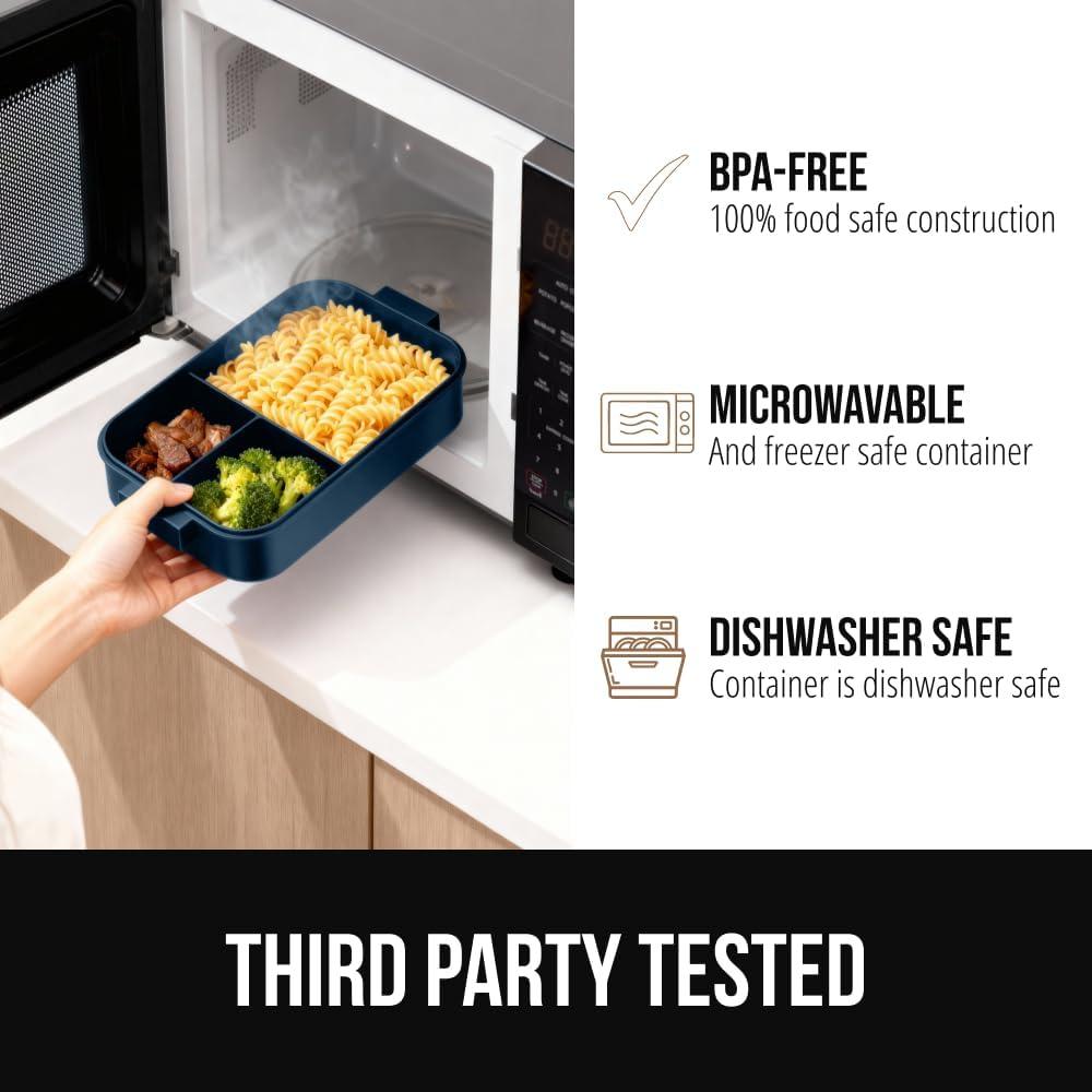 imageGORILLA GRIP BPAFree Leakproof Bento Lunch Box for Women Men Kids 2 Tier Style Onthego Easy to Carry Handle Microwave Safe Hot or Cold Food Container Lid Includes BuiltIn Utensil Set BlackNavy