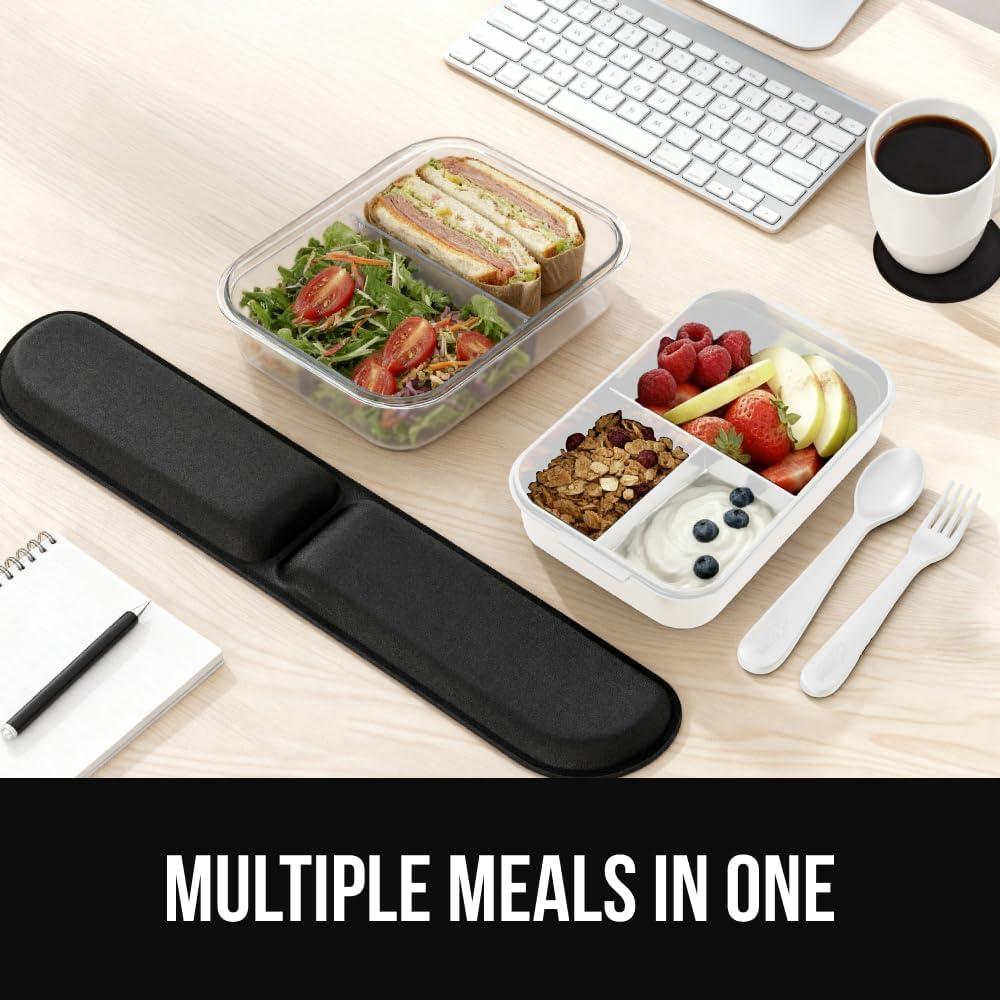 imageGORILLA GRIP BPAFree Leakproof Bento Lunch Box for Women Men Kids 2 Tier Style Onthego Easy to Carry Handle Microwave Safe Hot or Cold Food Container Lid Includes BuiltIn Utensil Set BlackWhite