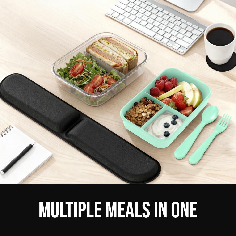 imageGORILLA GRIP BPAFree Leakproof Bento Lunch Box for Women Men Kids 2 Tier Style Onthego Easy to Carry Handle Microwave Safe Hot or Cold Food Container Lid Includes BuiltIn Utensil Set BlackMint