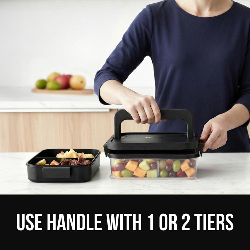 imageGORILLA GRIP BPAFree Leakproof Bento Lunch Box for Women Men Kids 2 Tier Style Onthego Easy to Carry Handle Microwave Safe Hot or Cold Food Container Lid Includes BuiltIn Utensil Set BlackBlack