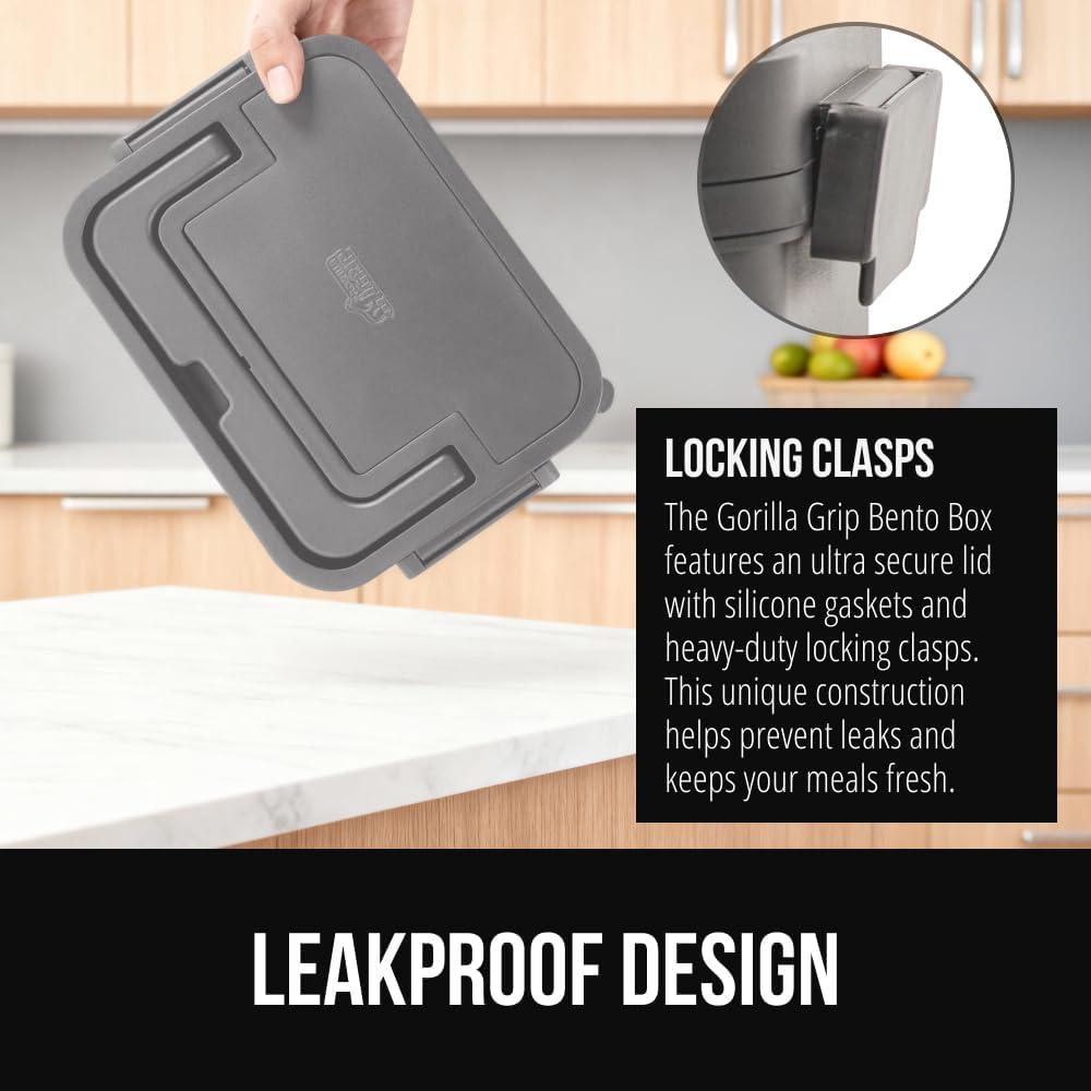 imageGORILLA GRIP BPAFree Leakproof Bento Lunch Box for Women Men Kids 2 Tier Style Onthego Easy to Carry Handle Microwave Safe Hot or Cold Food Container Lid Includes BuiltIn Utensil Set BlackGray
