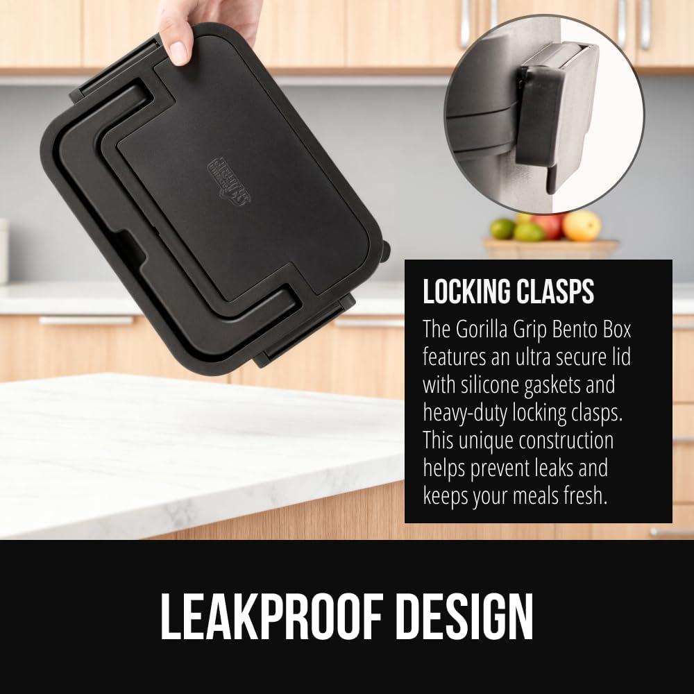 imageGORILLA GRIP BPAFree Leakproof Bento Lunch Box for Women Men Kids 2 Tier Style Onthego Easy to Carry Handle Microwave Safe Hot or Cold Food Container Lid Includes BuiltIn Utensil Set BlackBlack