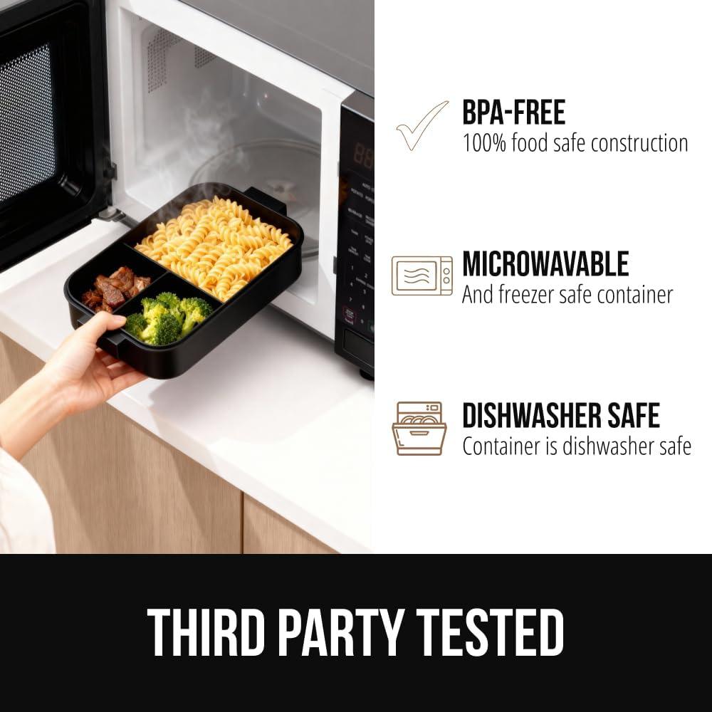 imageGORILLA GRIP BPAFree Leakproof Bento Lunch Box for Women Men Kids 2 Tier Style Onthego Easy to Carry Handle Microwave Safe Hot or Cold Food Container Lid Includes BuiltIn Utensil Set BlackBlack