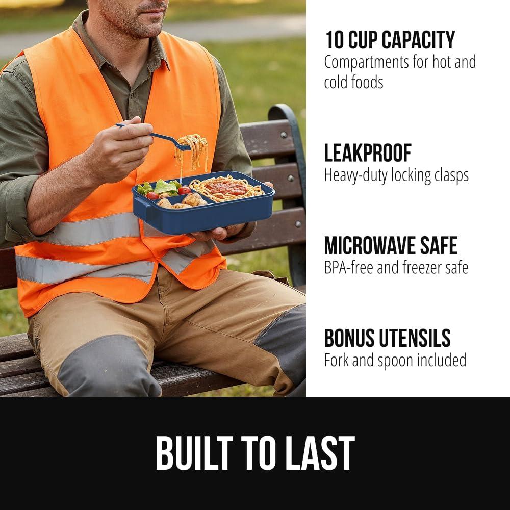 imageGORILLA GRIP BPAFree Leakproof Bento Lunch Box for Women Men Kids 2 Tier Style Onthego Easy to Carry Handle Microwave Safe Hot or Cold Food Container Lid Includes BuiltIn Utensil Set BlackNavy