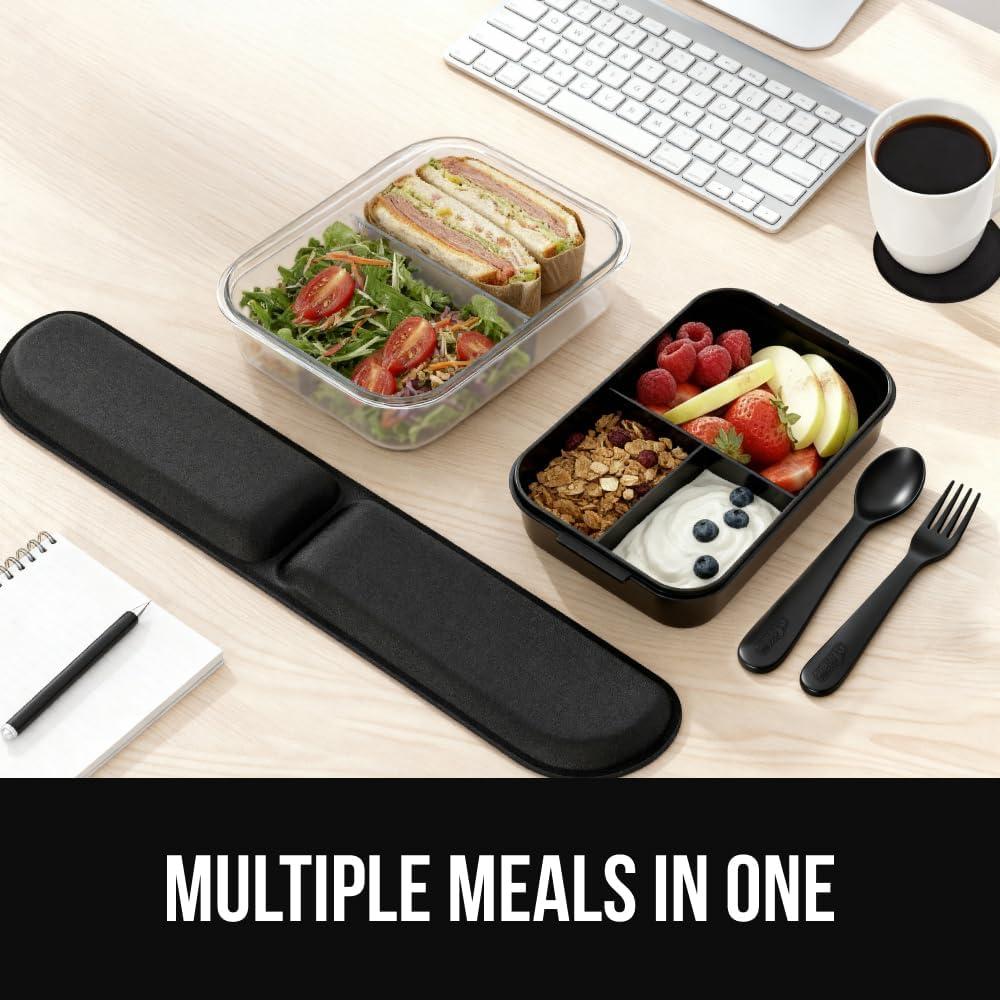 imageGORILLA GRIP BPAFree Leakproof Bento Lunch Box for Women Men Kids 2 Tier Style Onthego Easy to Carry Handle Microwave Safe Hot or Cold Food Container Lid Includes BuiltIn Utensil Set BlackBlack