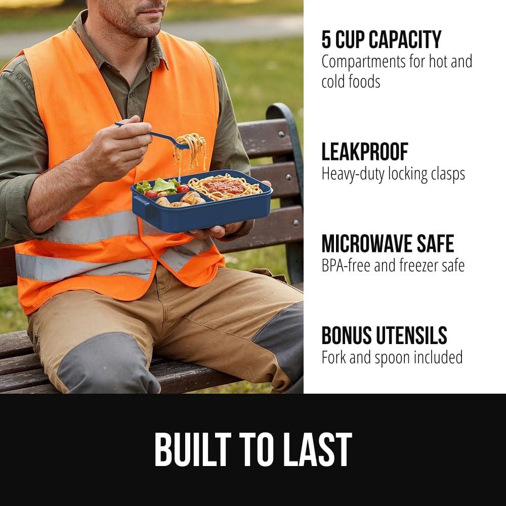 imageGORILLA GRIP BPAFree Leakproof Bento Lunch Box for Women Men Kids 2 Tier Style Onthego Easy to Carry Handle Microwave Safe Hot or Cold Food Container Lid Includes BuiltIn Utensil Set BlackNavy