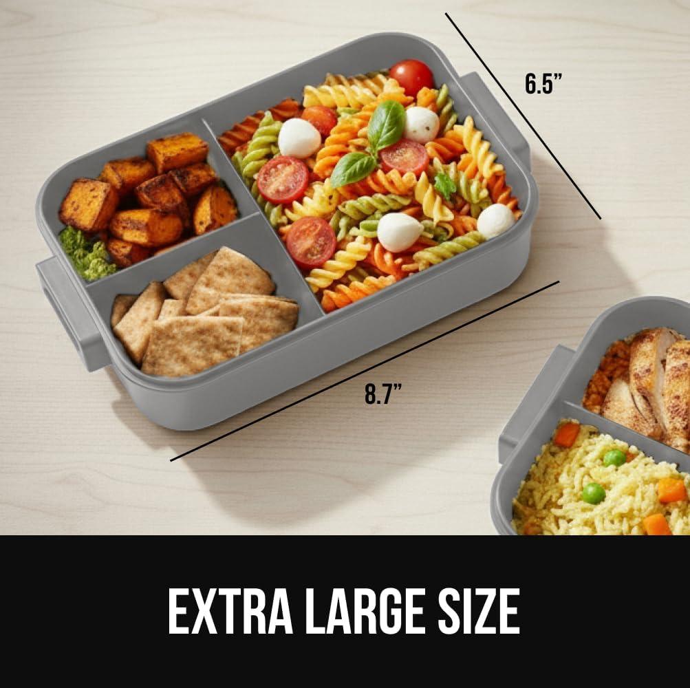imageGORILLA GRIP BPAFree Leakproof Bento Lunch Box for Women Men Kids 2 Tier Style Onthego Easy to Carry Handle Microwave Safe Hot or Cold Food Container Lid Includes BuiltIn Utensil Set BlackGray