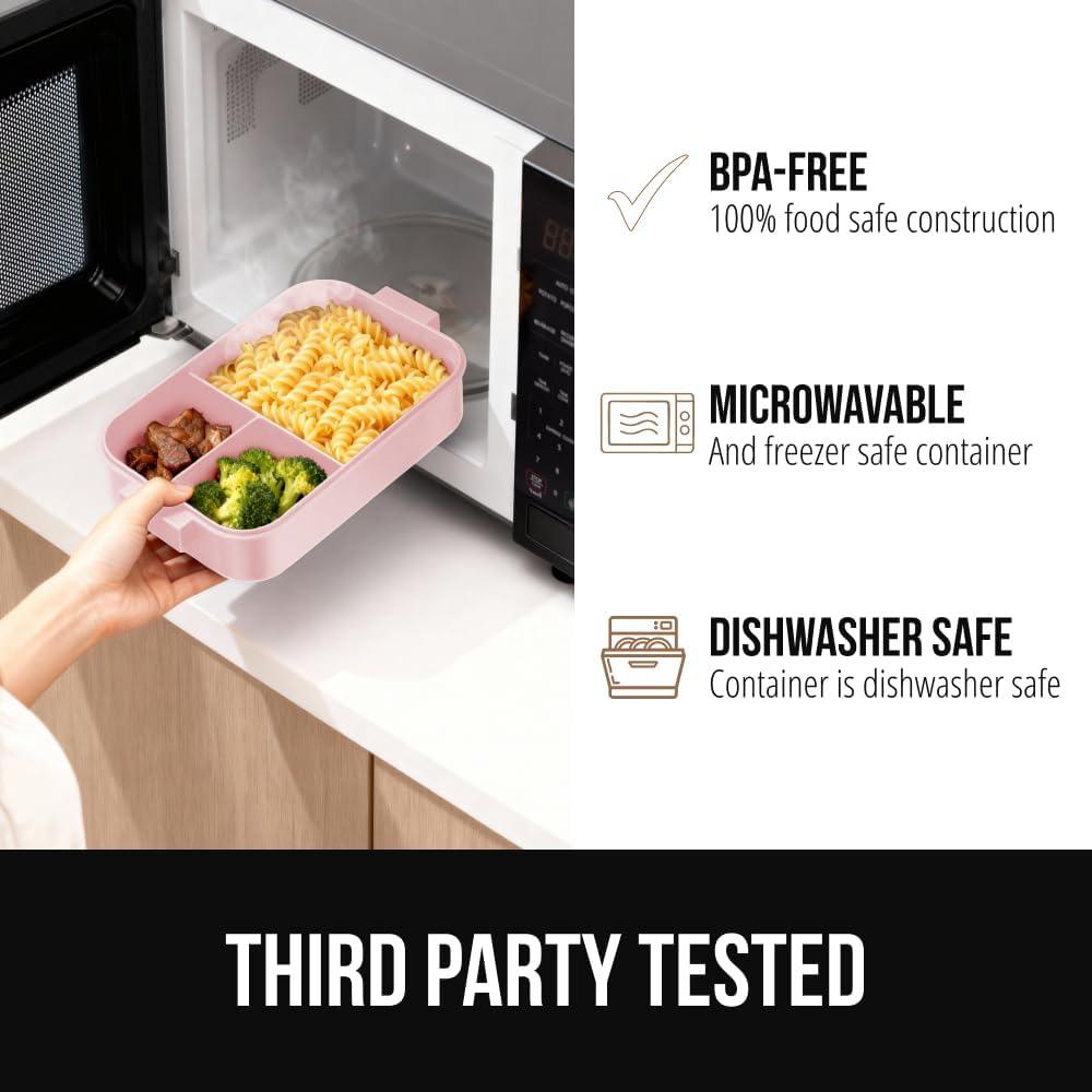 imageGORILLA GRIP BPAFree Leakproof Bento Lunch Box for Women Men Kids 2 Tier Style Onthego Easy to Carry Handle Microwave Safe Hot or Cold Food Container Lid Includes BuiltIn Utensil Set BlackPink