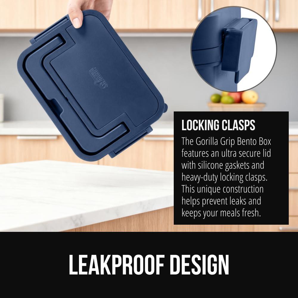 imageGORILLA GRIP BPAFree Leakproof Bento Lunch Box for Women Men Kids 2 Tier Style Onthego Easy to Carry Handle Microwave Safe Hot or Cold Food Container Lid Includes BuiltIn Utensil Set BlackNavy