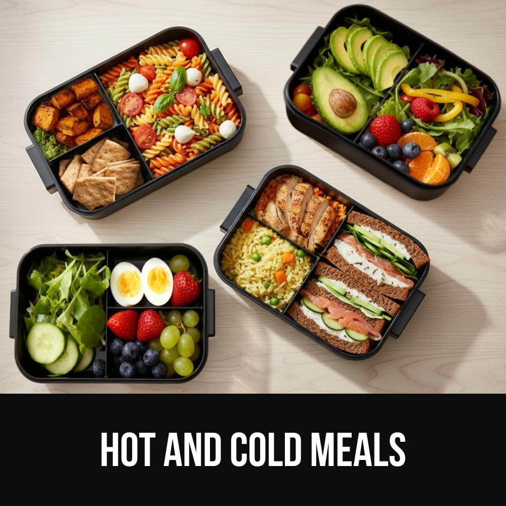 imageGORILLA GRIP BPAFree Leakproof Bento Lunch Box for Women Men Kids 2 Tier Style Onthego Easy to Carry Handle Microwave Safe Hot or Cold Food Container Lid Includes BuiltIn Utensil Set BlackBlack